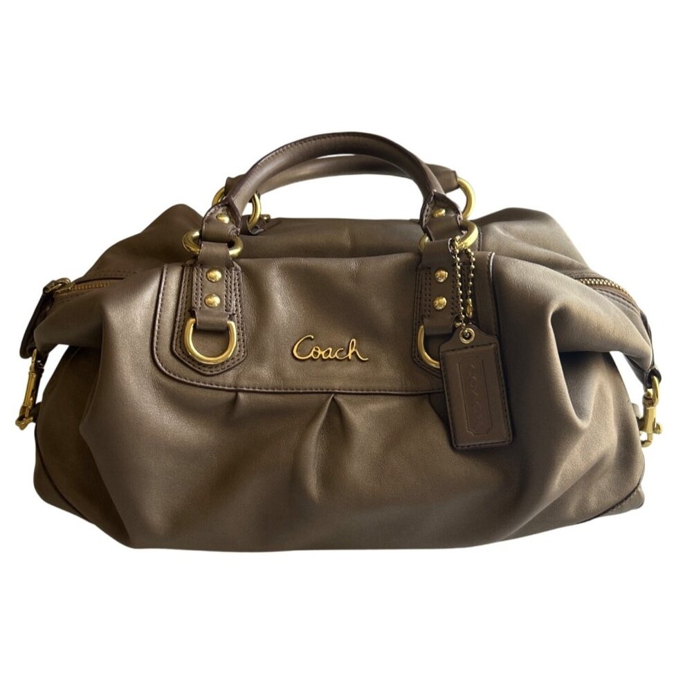Coach Leather Satchel Bag Taupe With Gold Accents Zip Top Double Handles